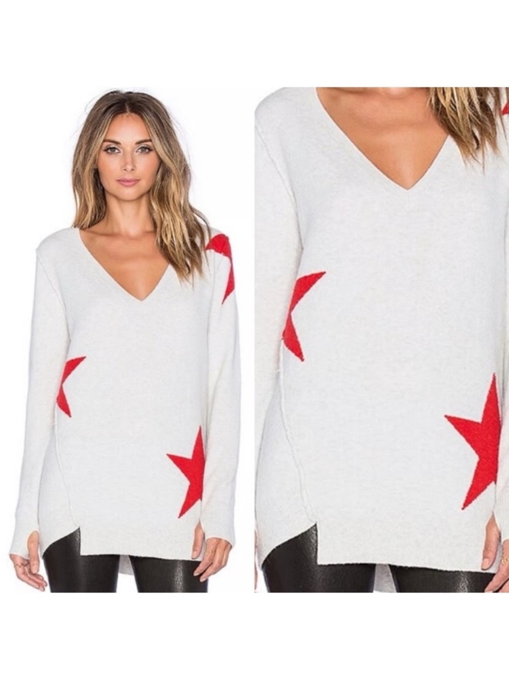 Pam & Gela V-Neck White Sweater with Red Star Accents size medium